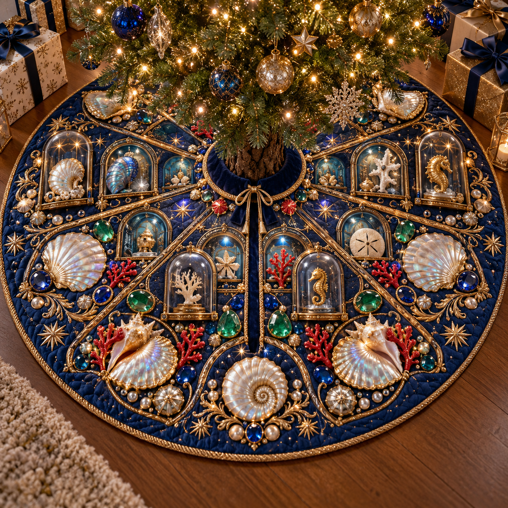 One tree skirt with an original Seashell Jewel Curio Jubilee and maximum-depth printed illusion.