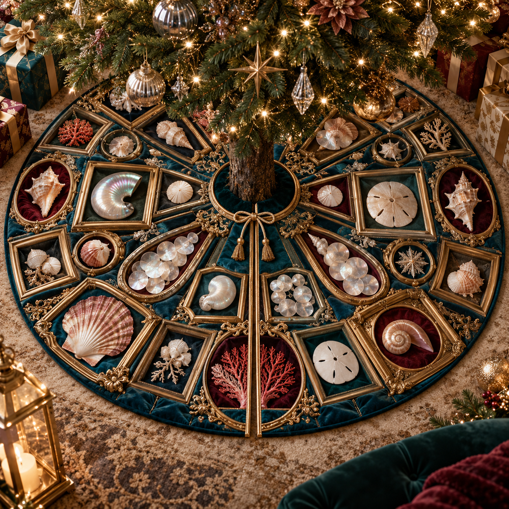 One tree skirt with an original Seashell Prism Shadowbox Salon and maximum-depth printed illusion.