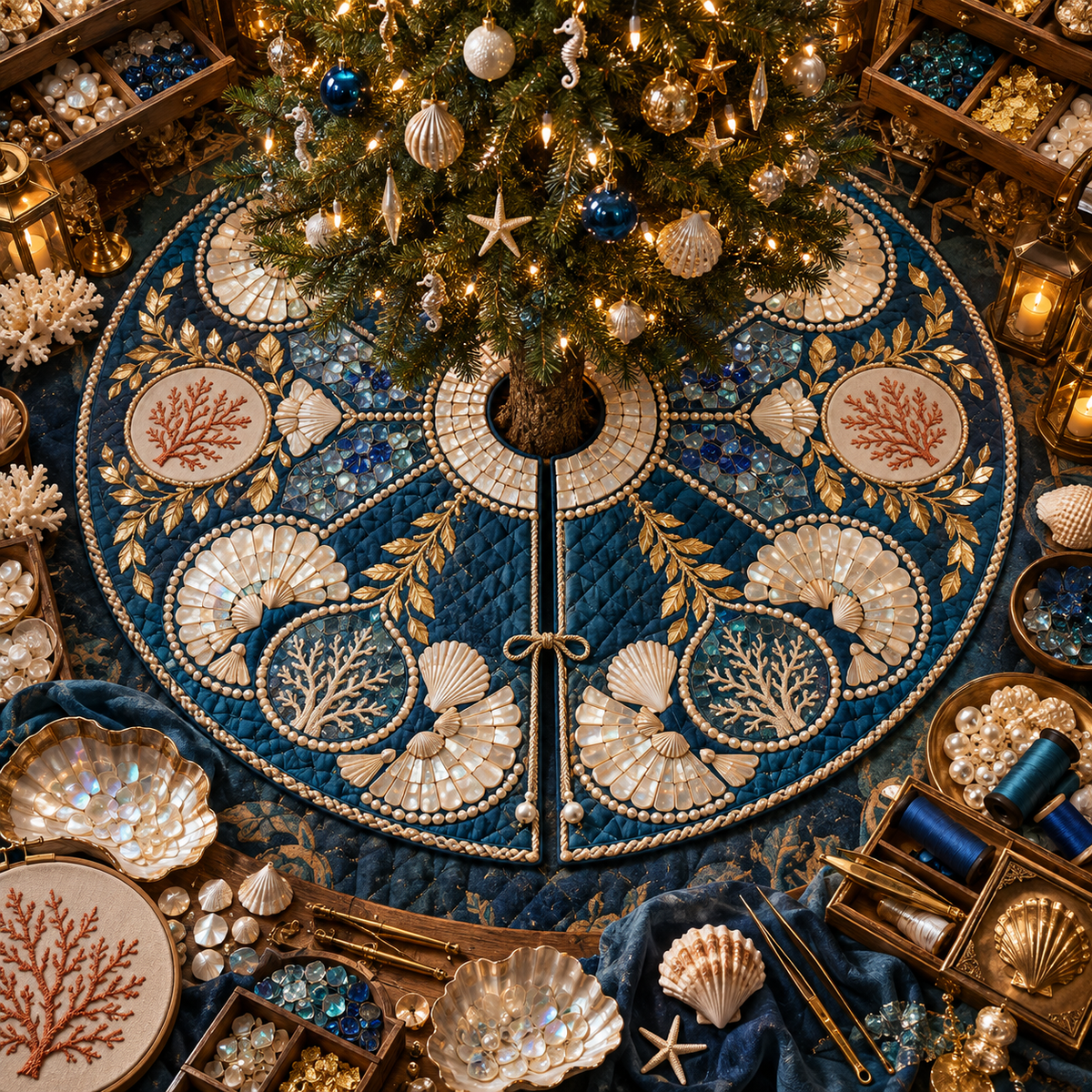 One tree skirt with an original Seashell Maker Mosaic Atelier and maximum-depth printed illusion.