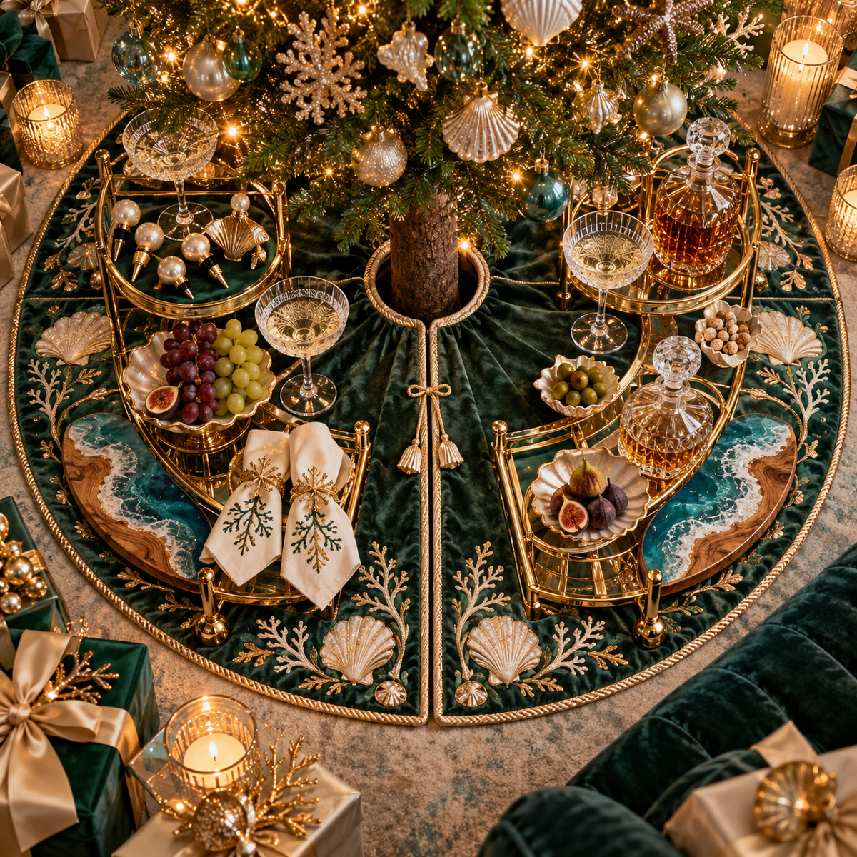 One tree skirt with an original Seashell Gilded Aperitif Cart and maximum-depth printed illusion.