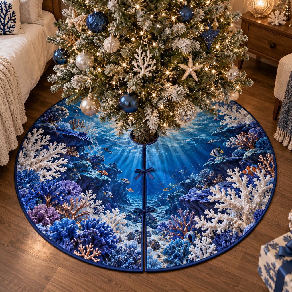 One tree skirt with original Coral Reef Sapphire Atrium and maximum-depth printed illusion.