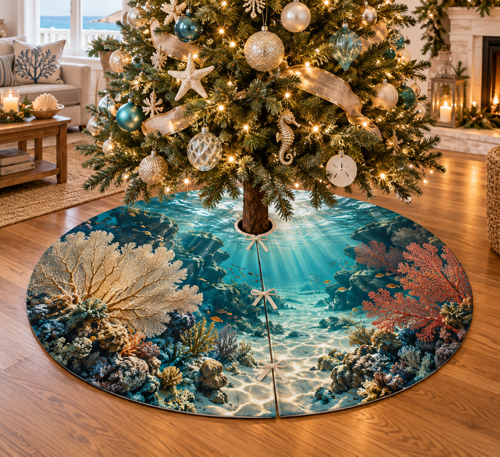 One tree skirt with original Coral Reef Sunlit Gallery optical-depth print.