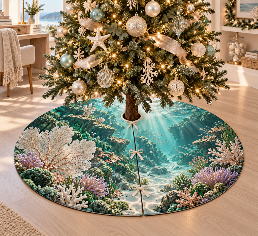 One tree skirt with original Coral Reef Moonstone Passage optical-depth print.