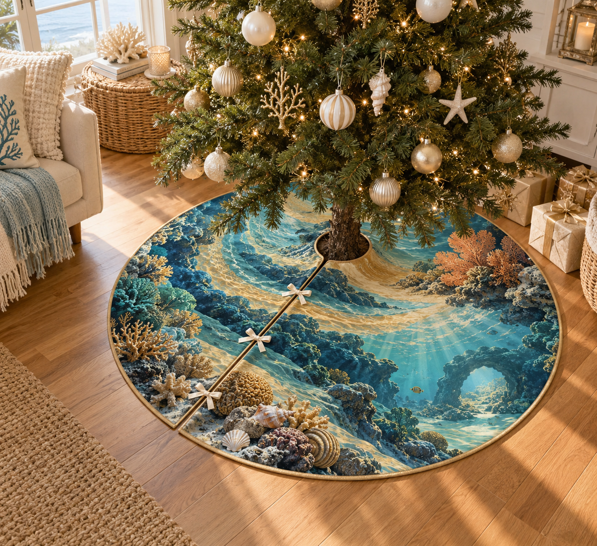 One tree skirt with original Coral Reef Hearthlight Cove optical-depth print.