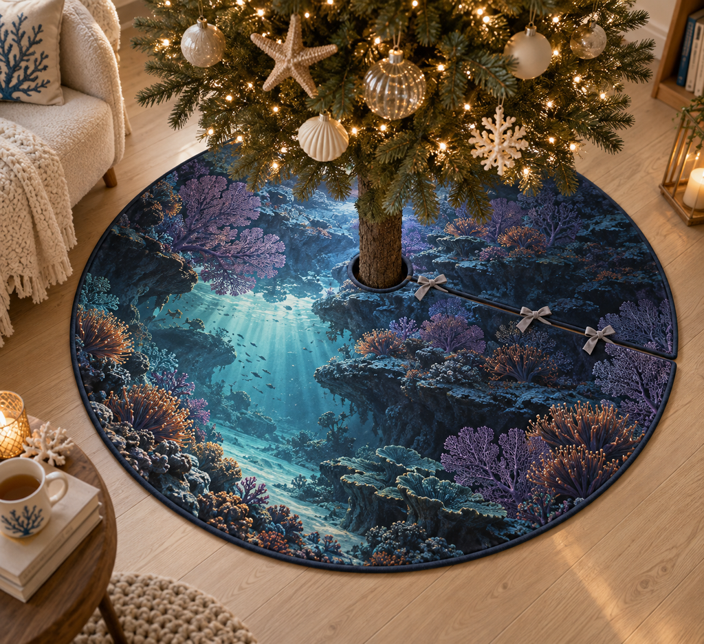 One tree skirt with original Coral Reef Dusk Alcove optical-depth print.