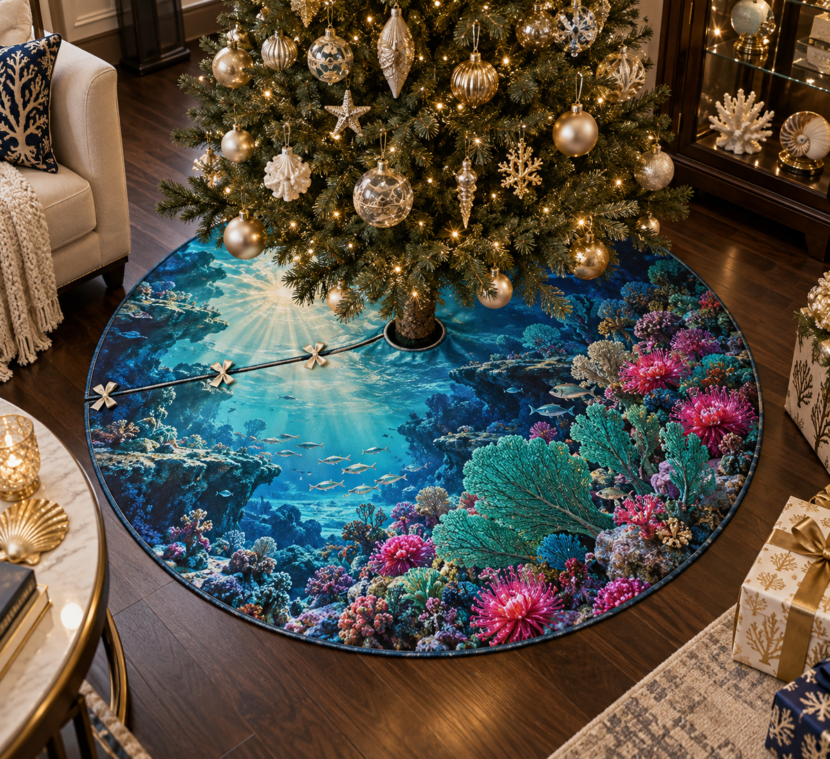 One tree skirt with original Coral Reef Opal Treasury optical-depth print.