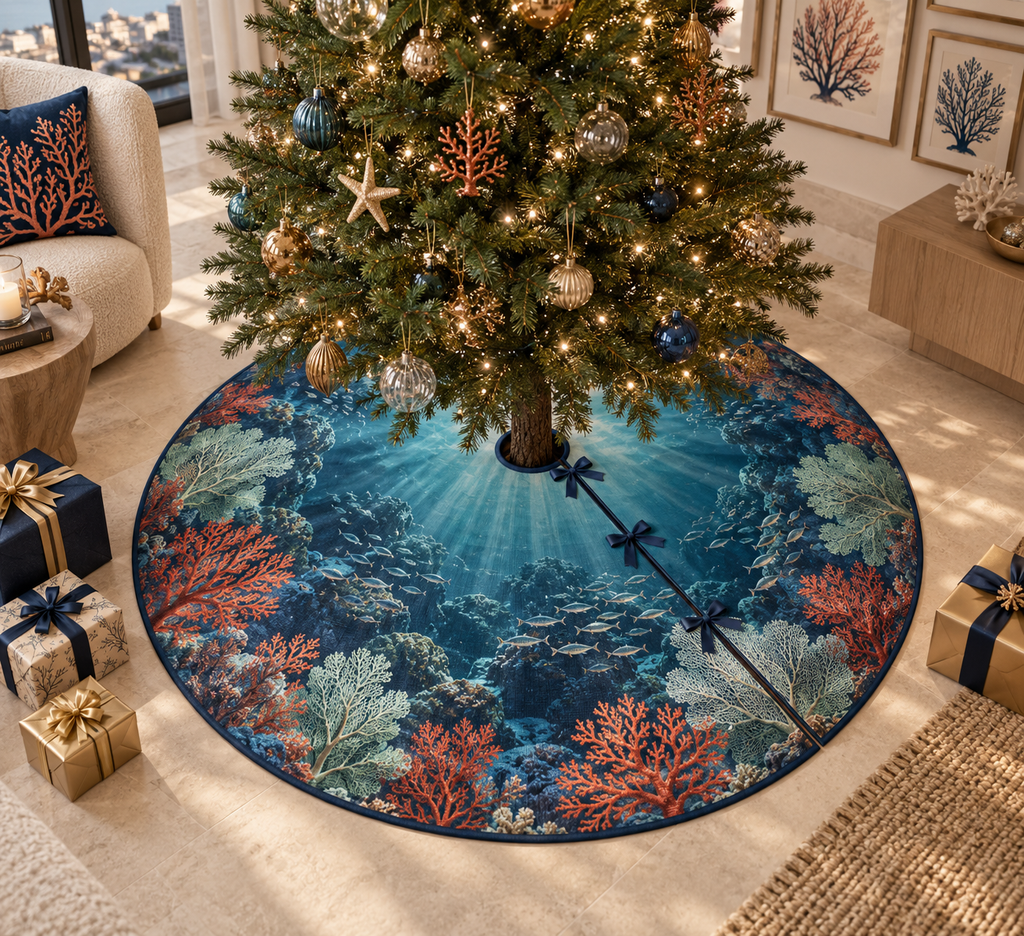 One tree skirt with original Coral Reef Gallery Passage optical-depth print.