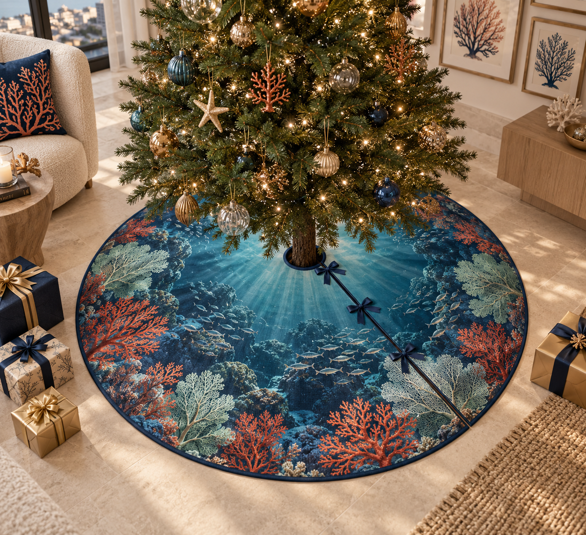 One tree skirt with original Coral Reef Gallery Passage optical-depth print.