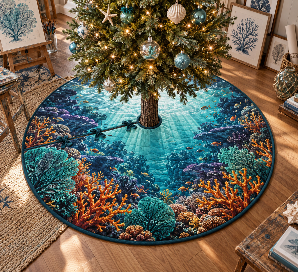 One tree skirt with original Coral Reef Atelier Current optical-depth print.