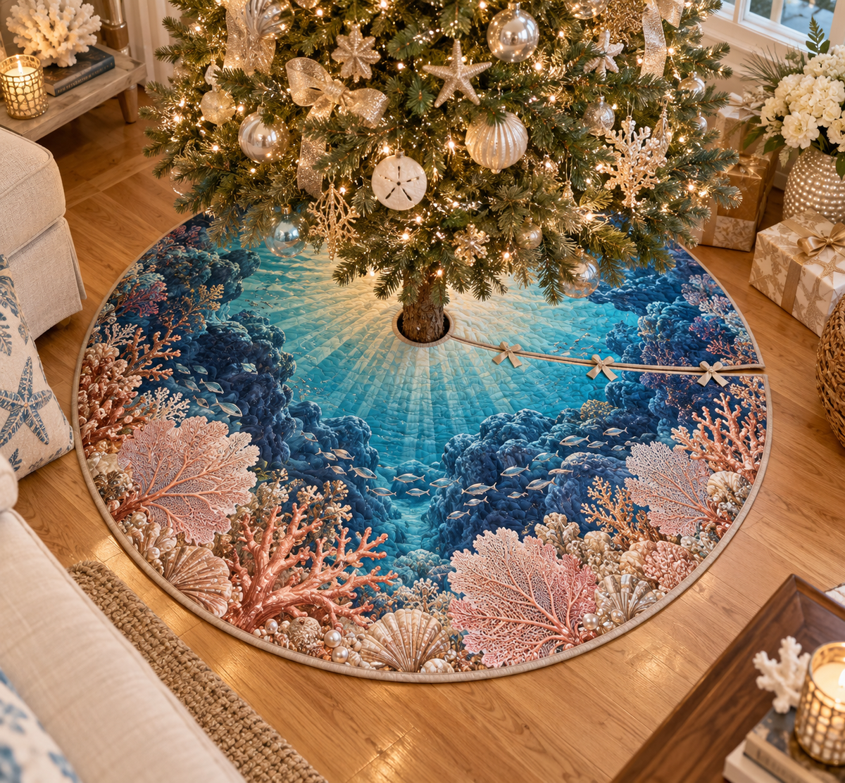 One tree skirt with original Coral Reef Pearl Welcome optical-depth print.