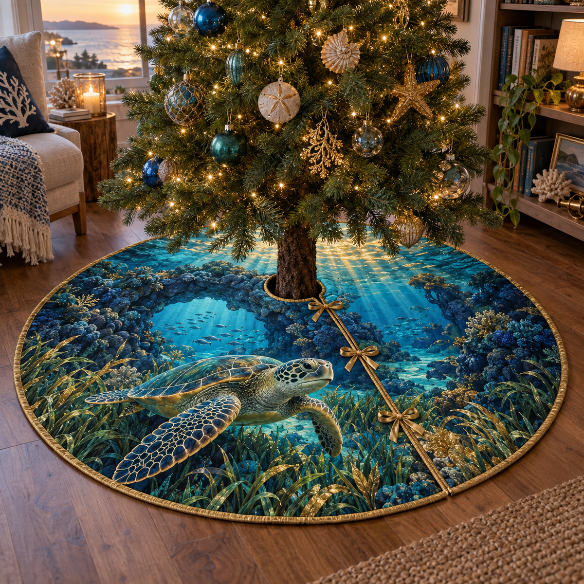 One tree skirt with original Sea Turtle Lagoon Reading Nook optical-depth print.