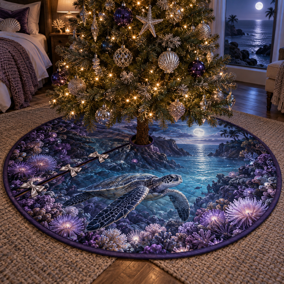 One tree skirt with original Sea Turtle Moon Garden optical-depth print.