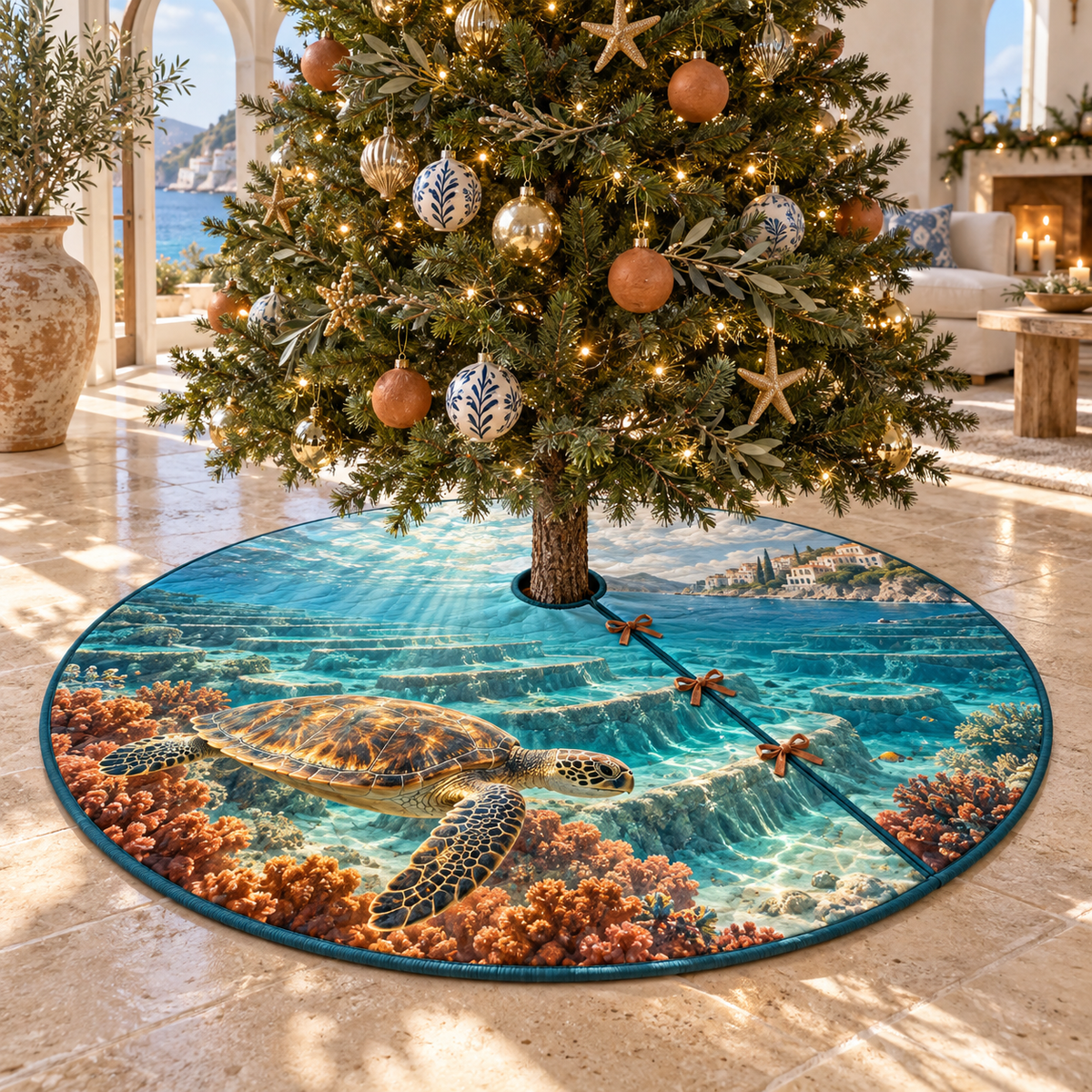 One tree skirt with original Sea Turtle Sunlit Terraces optical-depth print.