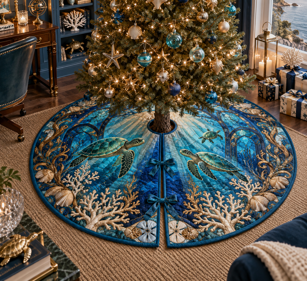 One tree skirt with original Sea Turtle Glass Atrium optical-depth print.