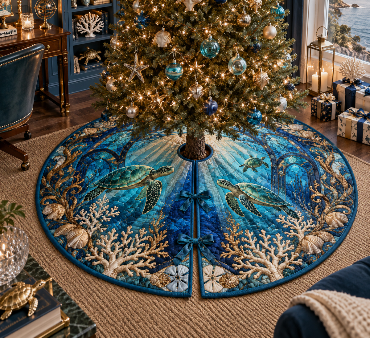 One tree skirt with original Sea Turtle Glass Atrium optical-depth print.