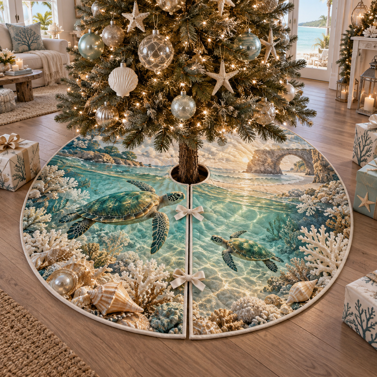 One tree skirt with original Sea Turtle Pearl Threshold optical-depth print.