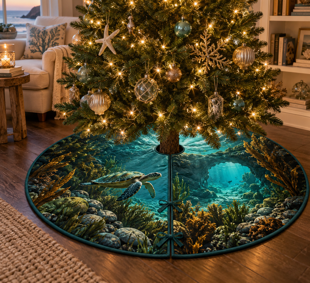 One tree skirt with original Sea Turtle Willow Grotto optical-depth print.