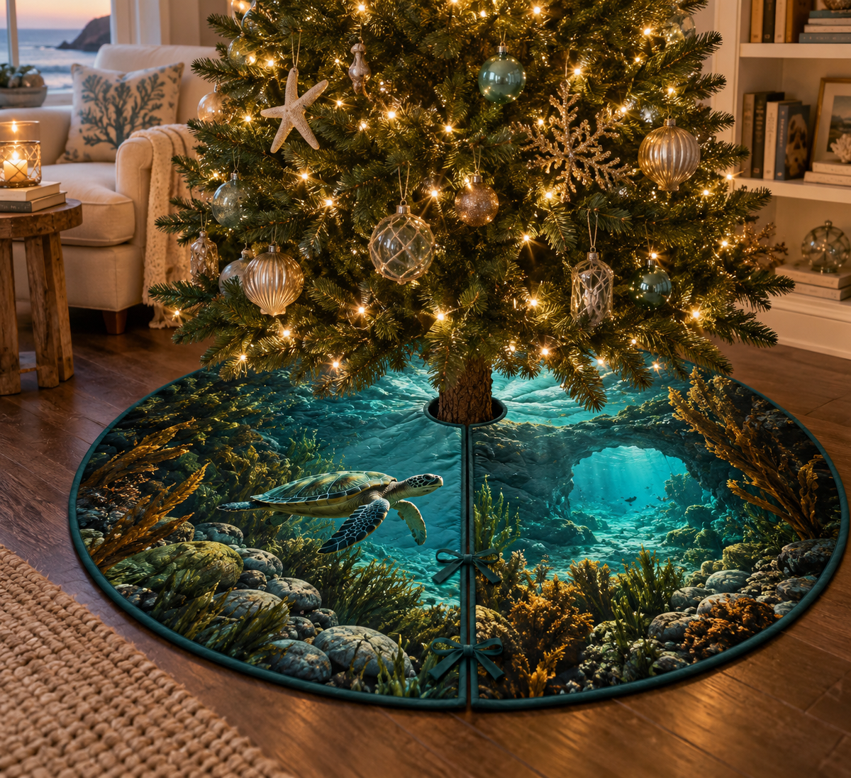 One tree skirt with original Sea Turtle Willow Grotto optical-depth print.