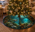 One tree skirt with original Sea Turtle Willow Grotto optical-depth print.