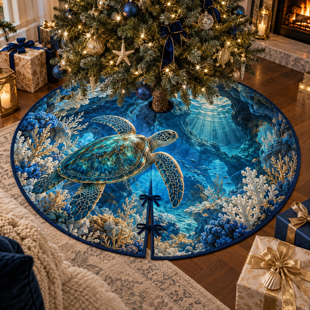 One tree skirt with original Sea Turtle Sapphire Reliquary optical-depth print.