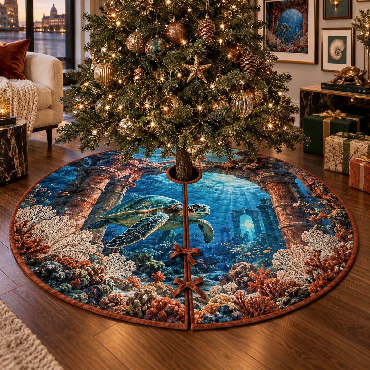 One tree skirt with original Sea Turtle Terracotta Portal optical-depth print.