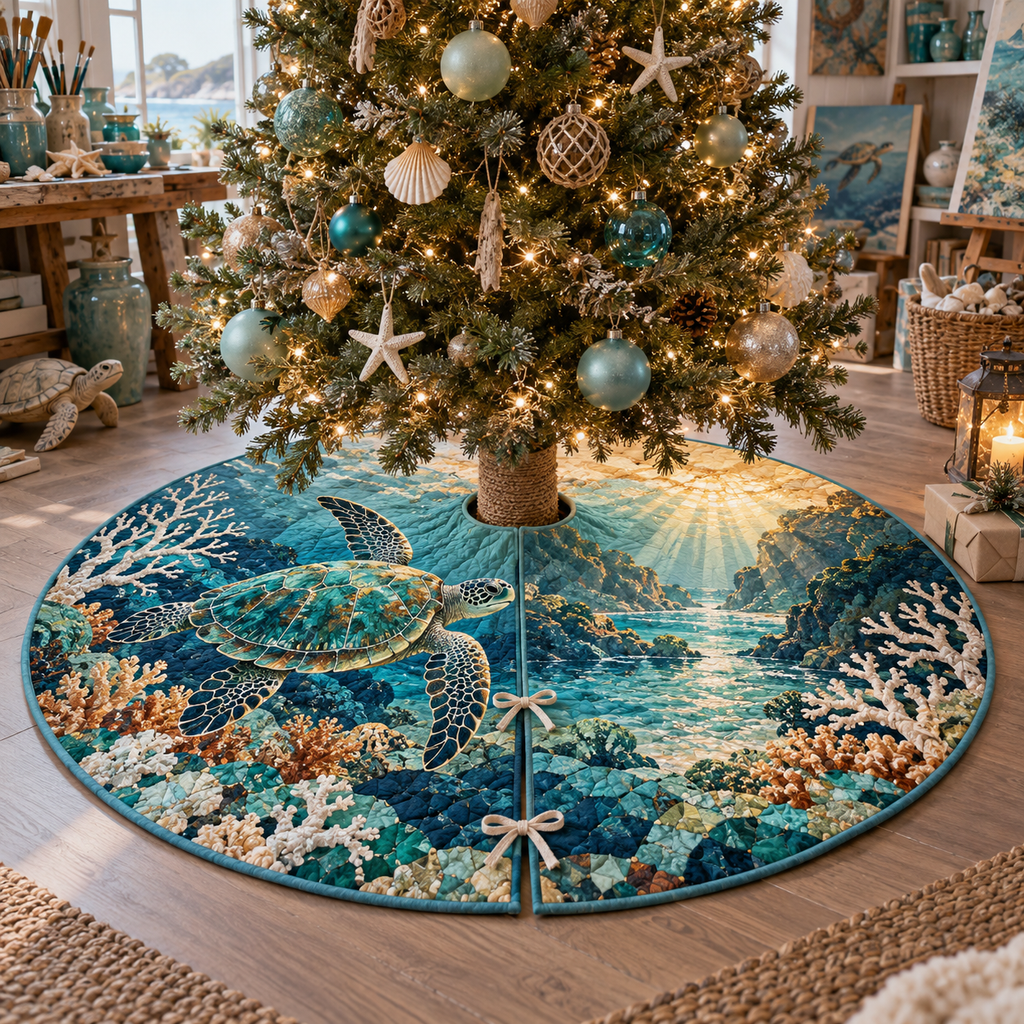 One tree skirt with original Sea Turtle Atelier Mosaic optical-depth print.