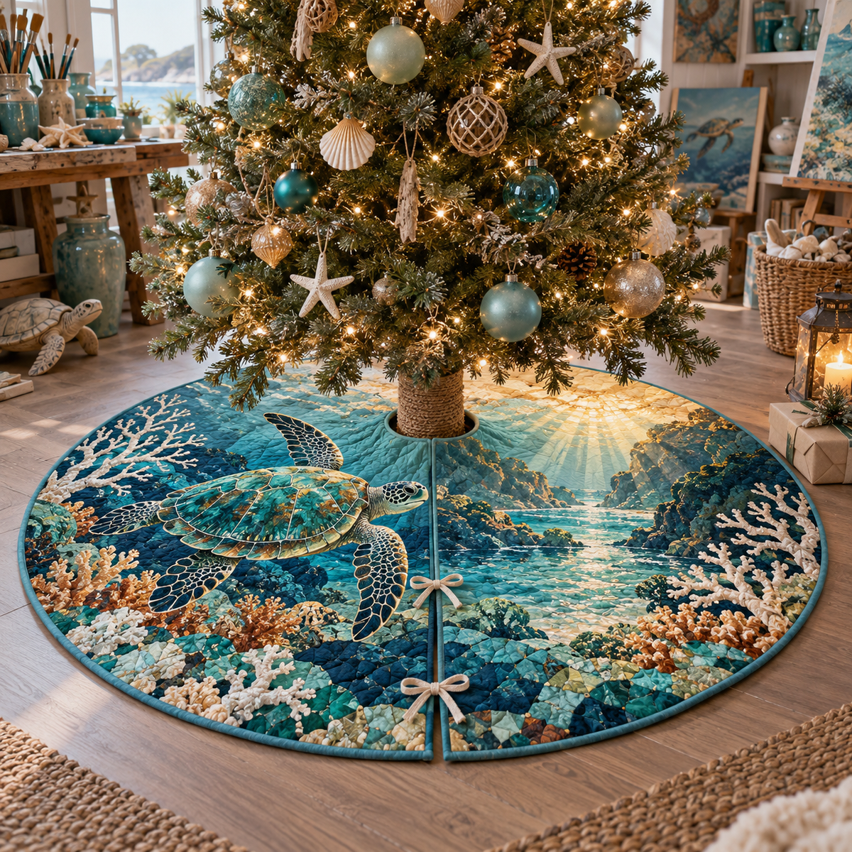 One tree skirt with original Sea Turtle Atelier Mosaic optical-depth print.