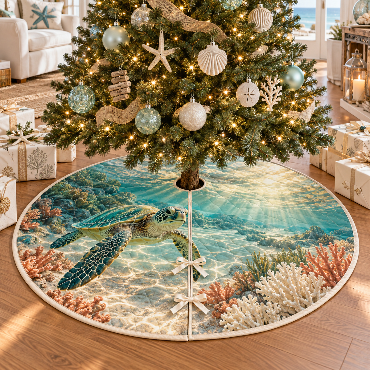 One tree skirt with original Sea Turtle Sunlit Welcome optical-depth print.