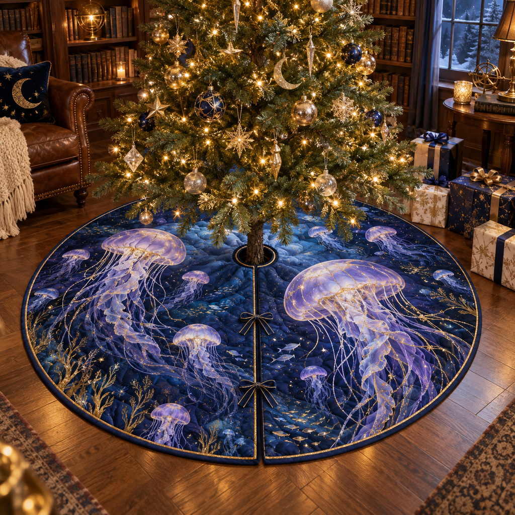 One tree skirt with original Jellyfish Moonlit Library optical-depth print.