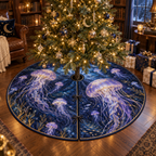 One tree skirt with original Jellyfish Moonlit Library optical-depth print.