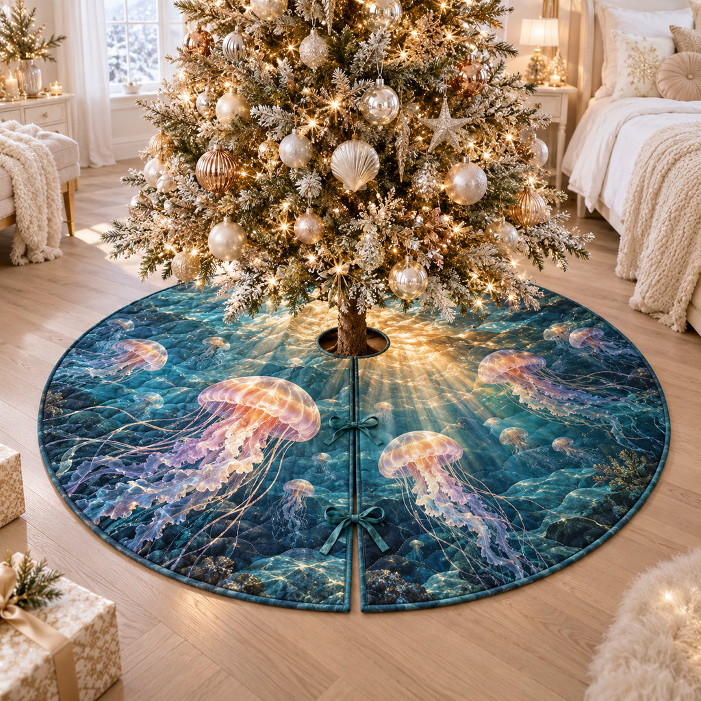 One tree skirt with original Jellyfish Pearl Aurora optical-depth print.