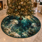 One tree skirt with original Jellyfish Verdigris Atrium optical-depth print.