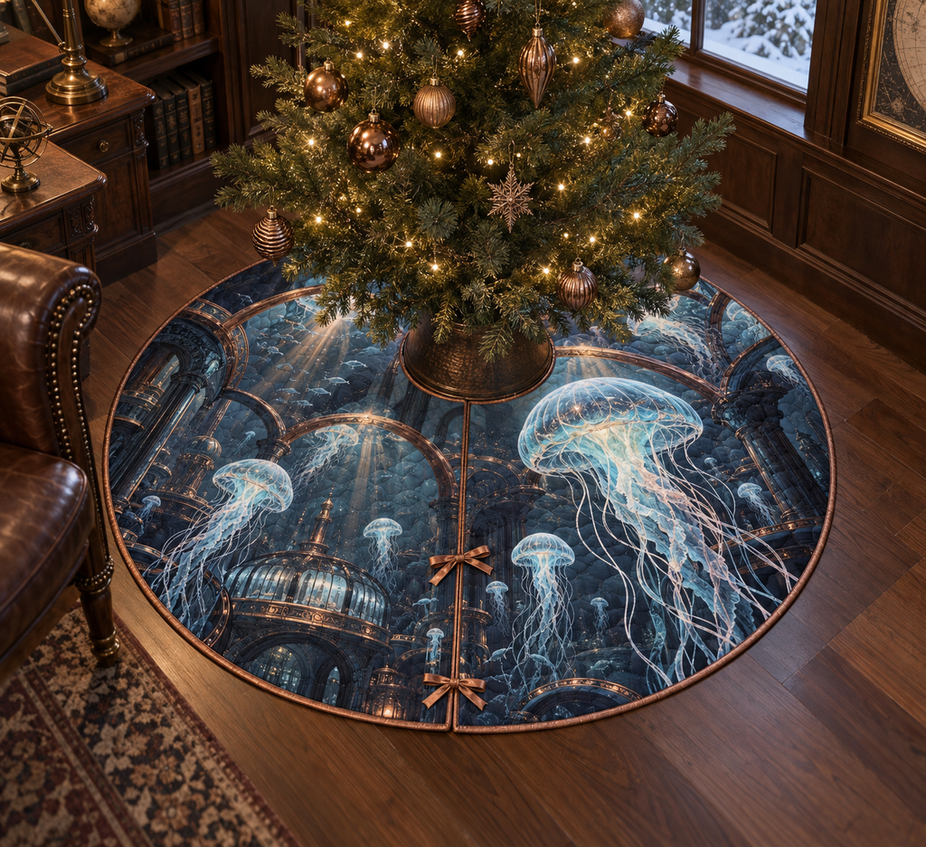 One tree skirt with original Jellyfish Copper Observatory optical-depth print.