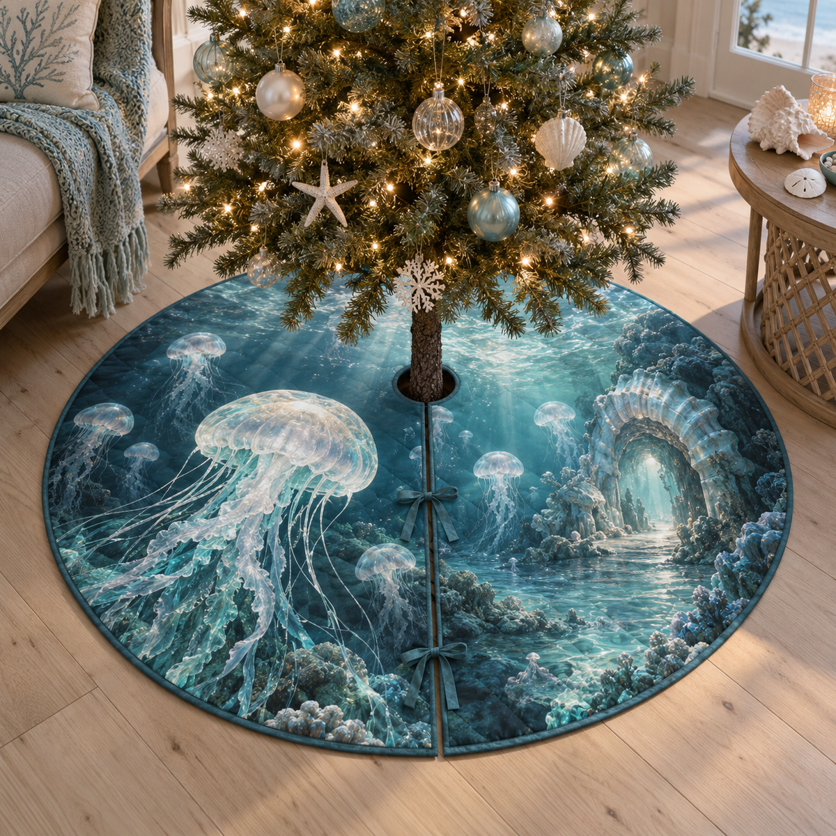 One tree skirt with original Jellyfish Selenite Cove optical-depth print.