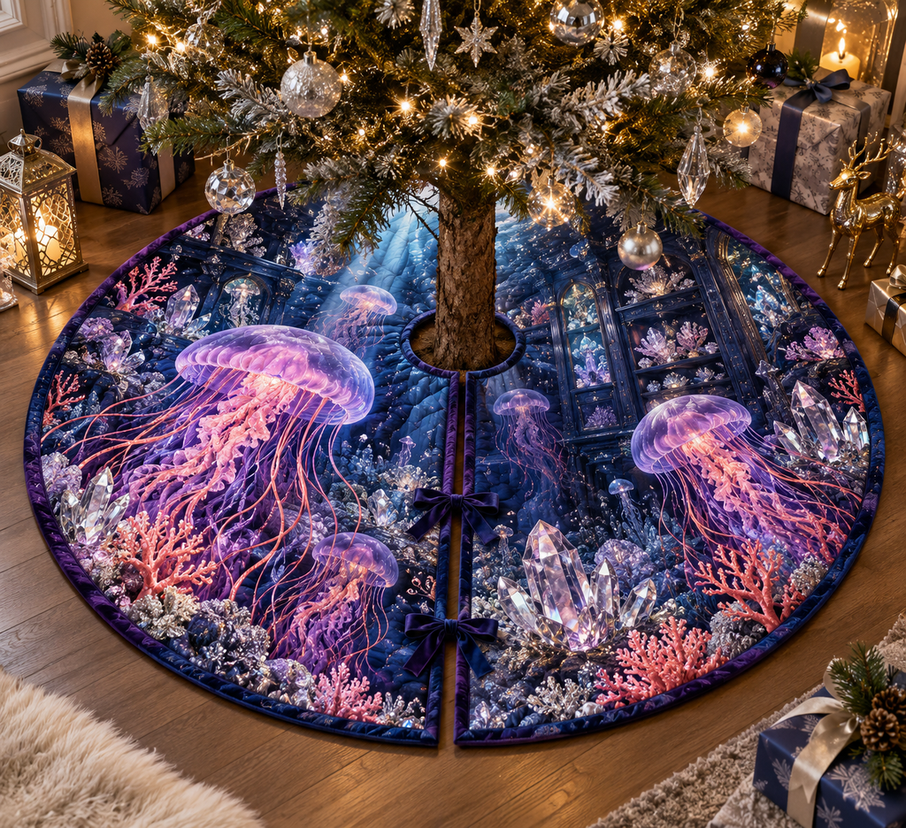 One tree skirt with original Jellyfish Prism Cabinet optical-depth print.