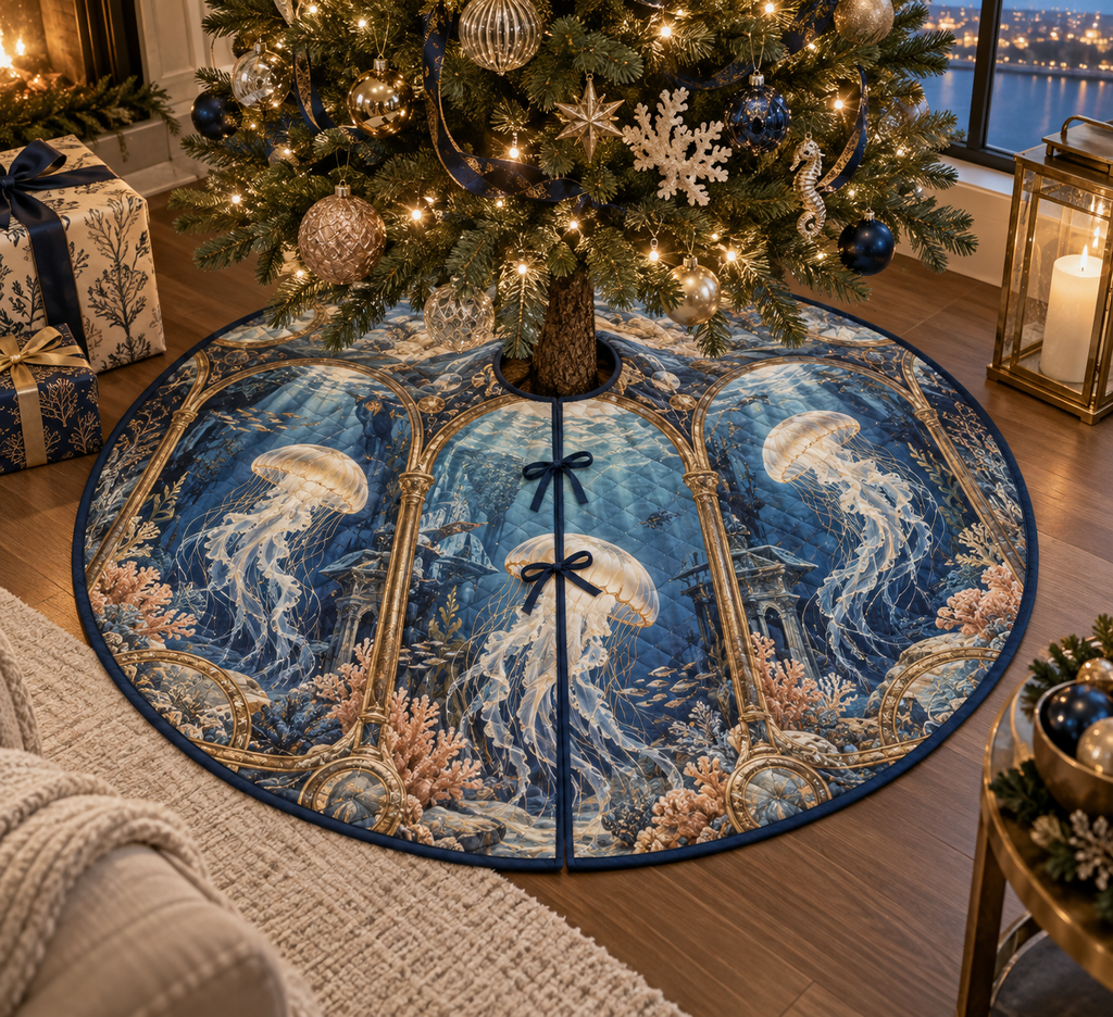 One tree skirt with original Jellyfish Tidal Triptych optical-depth print.
