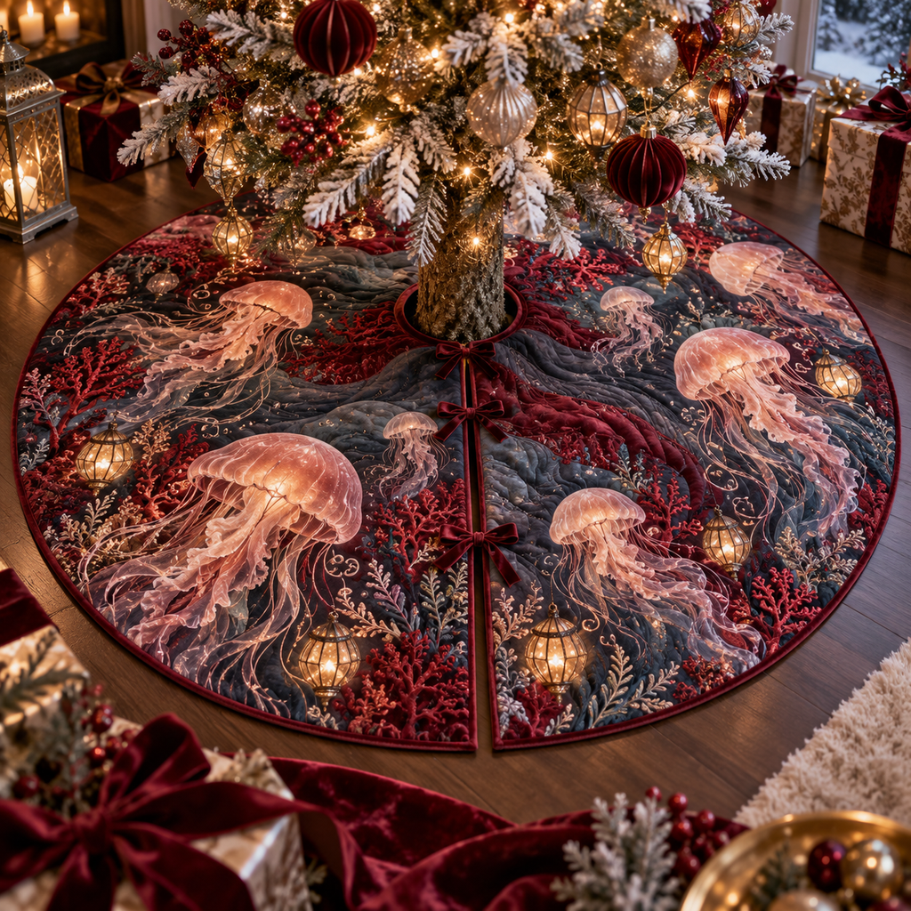 One tree skirt with original Jellyfish Garnet Lantern optical-depth print.
