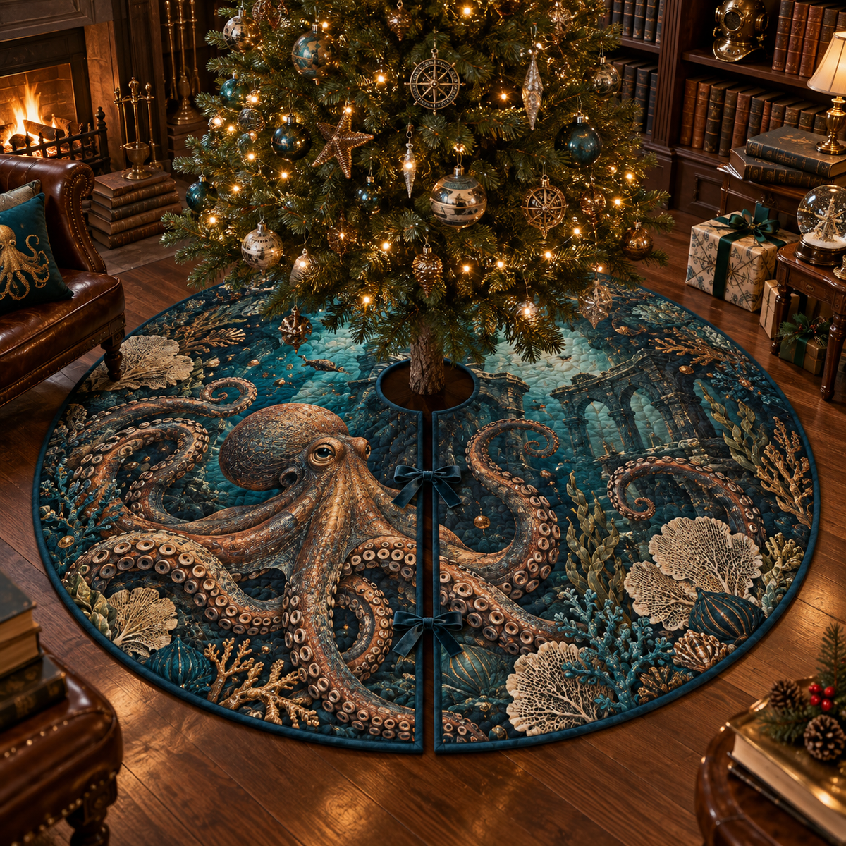 One tree skirt with original Octopus Library Reef optical-depth print.