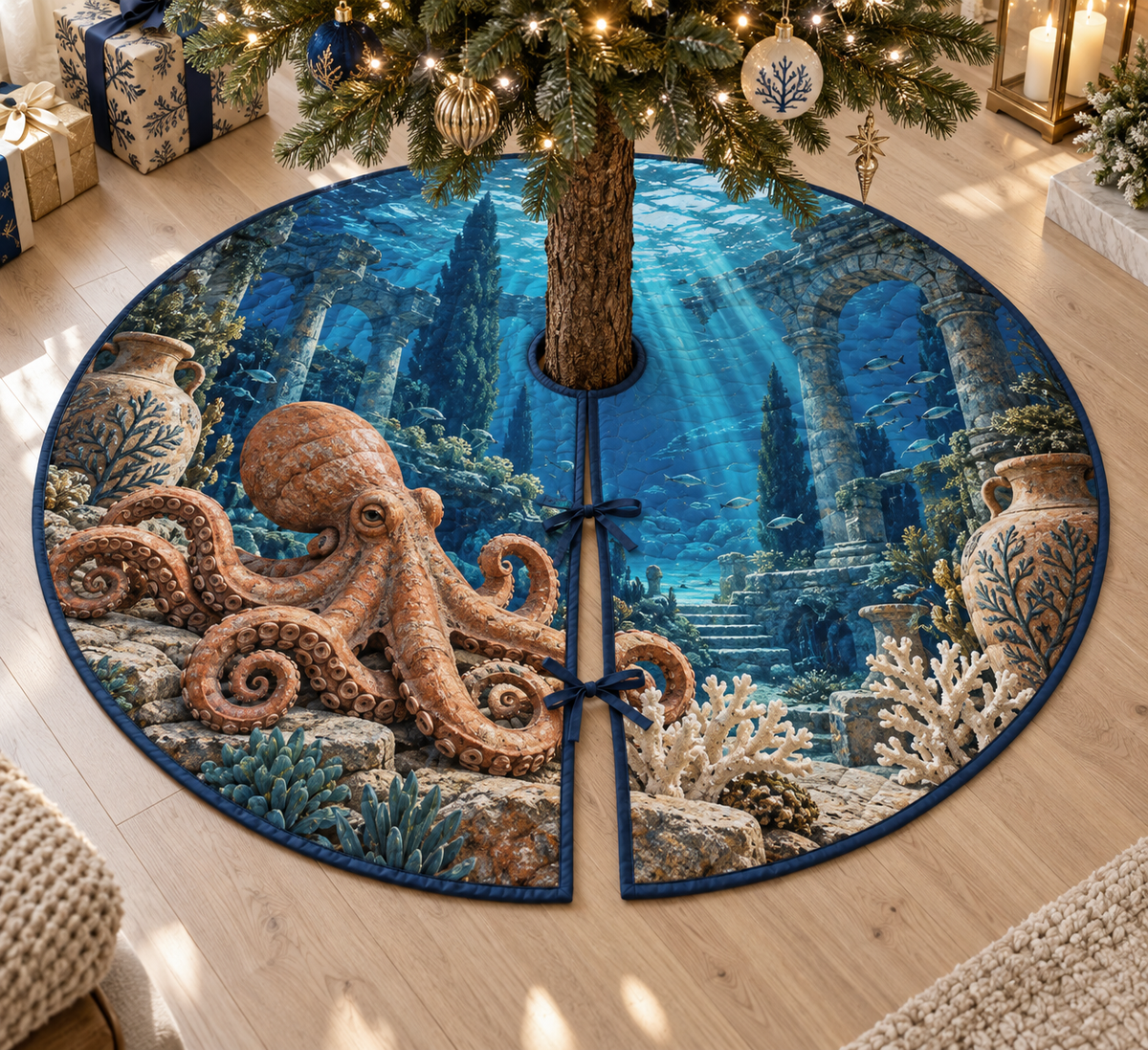One tree skirt with original Octopus Terracotta Atrium optical-depth print.