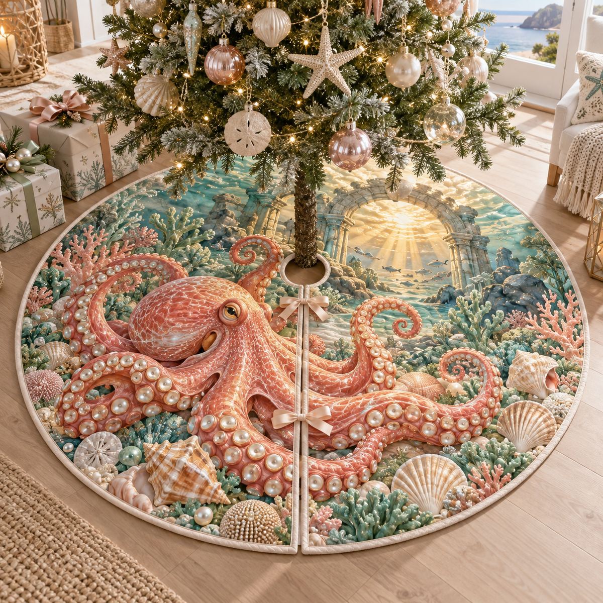 One tree skirt with original Octopus Sunrise Haven optical-depth print.