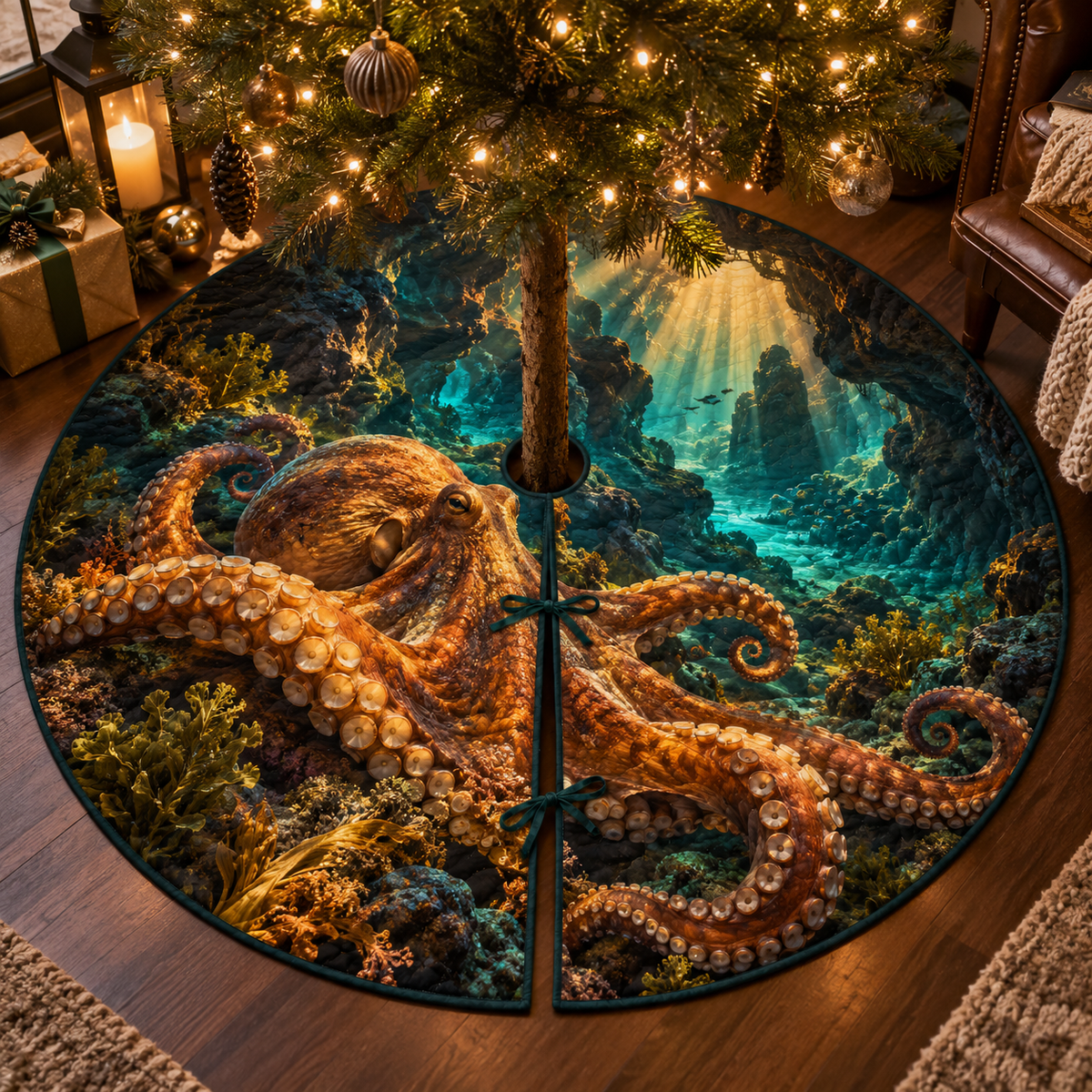 One tree skirt with original Octopus Amber Grotto optical-depth print.