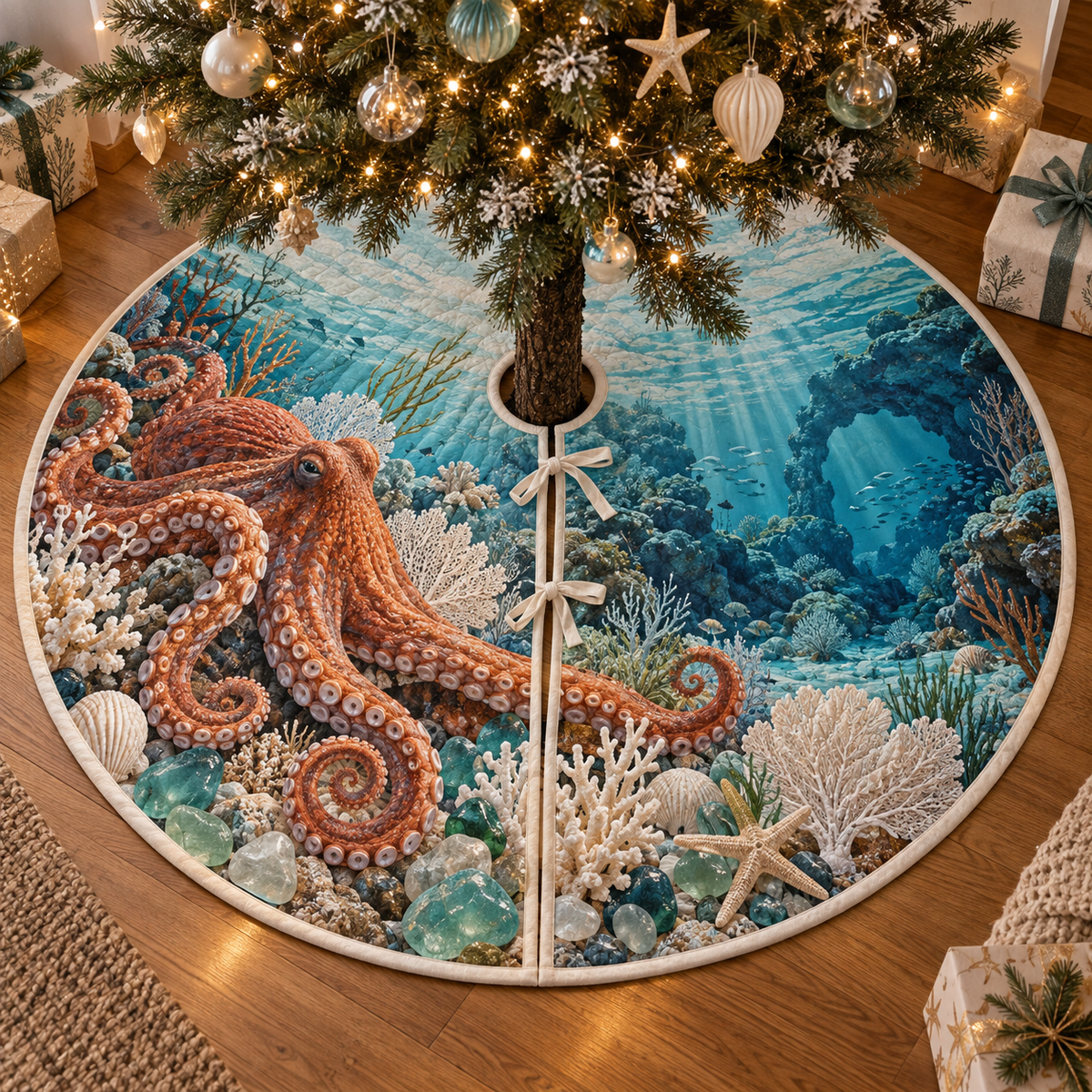 One tree skirt with original Octopus Sea-Glass Gallery optical-depth print.