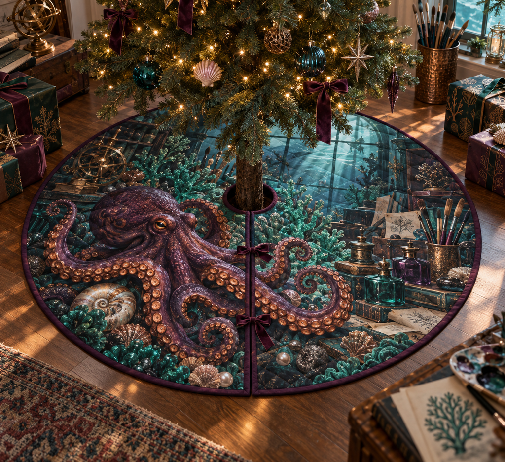 One tree skirt with original Octopus Verdigris Atelier optical-depth print.