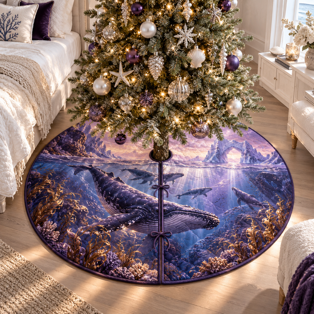 One tree skirt with original Whale Migration Aurora Cathedral optical-depth print.
