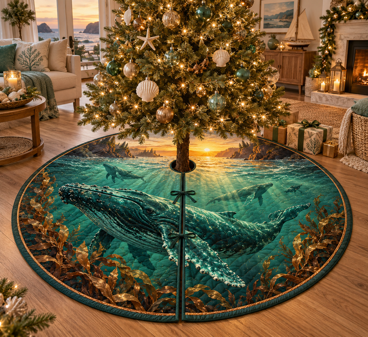 One tree skirt with original Whale Migration Emerald Horizon optical-depth print.