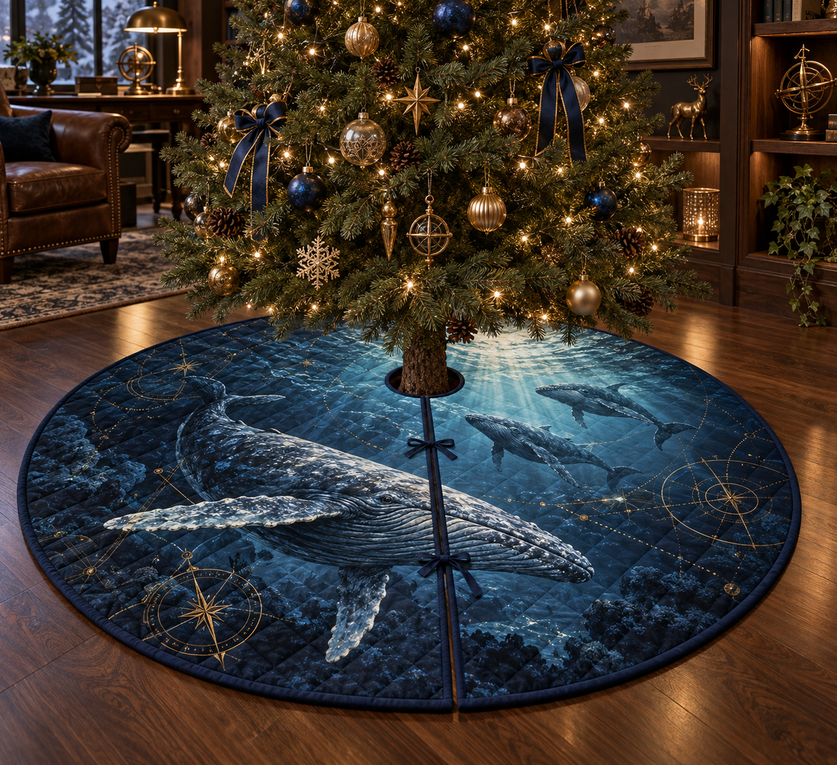 One tree skirt with original Whale Migration Celestial Current optical-depth print.