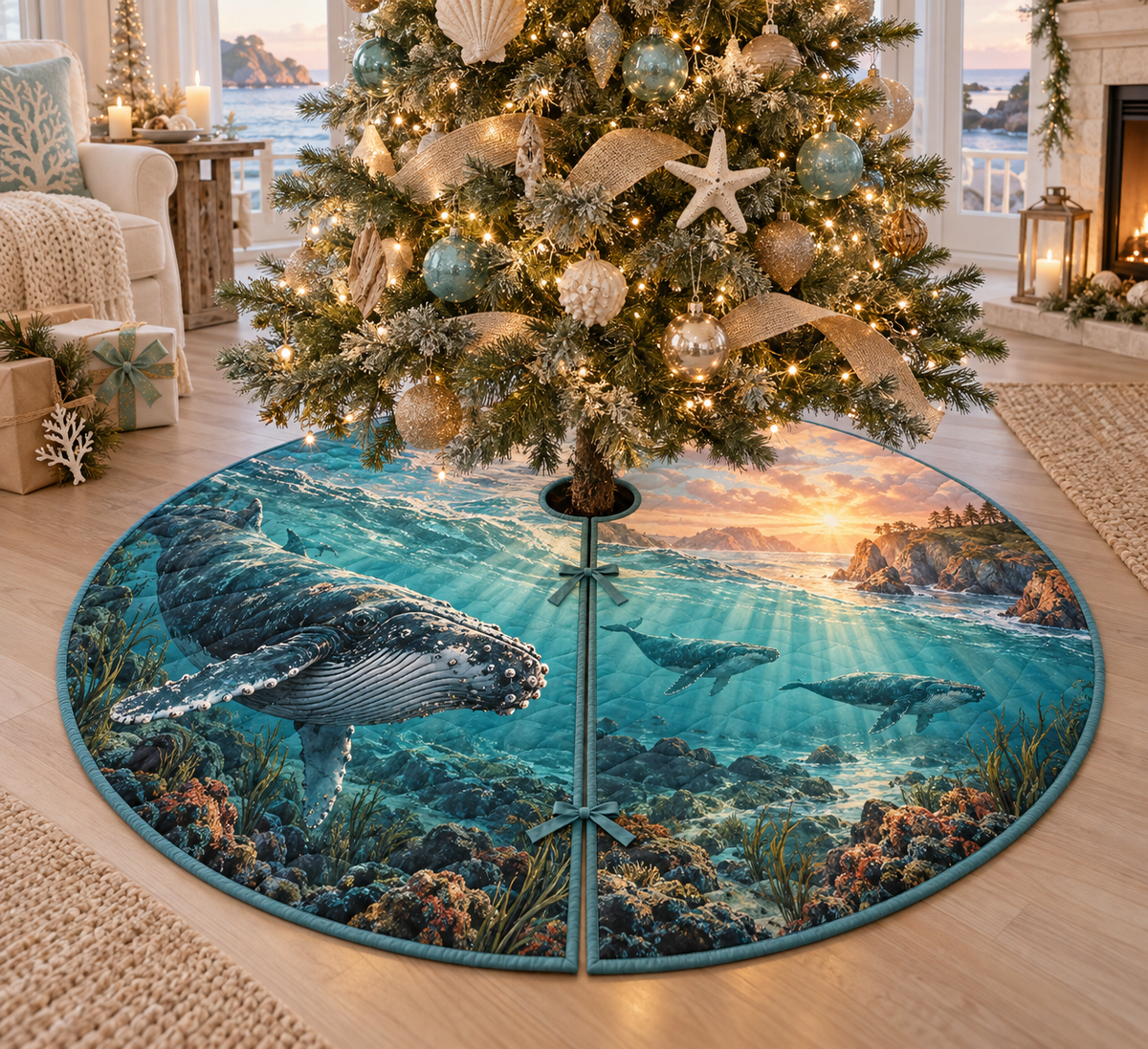 One tree skirt with original Whale Migration Welcome Cove optical-depth print.