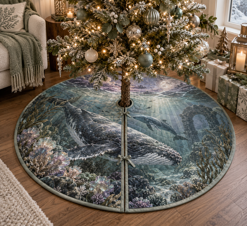 One tree skirt with original Whale Migration Moonlit Sanctuary optical-depth print.