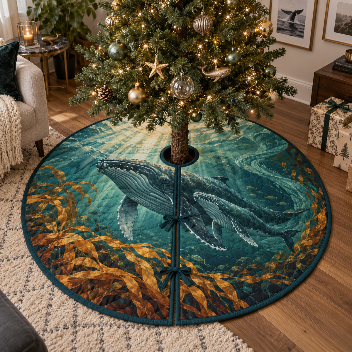One tree skirt with original Whale Migration Copper Current Gallery optical-depth print.