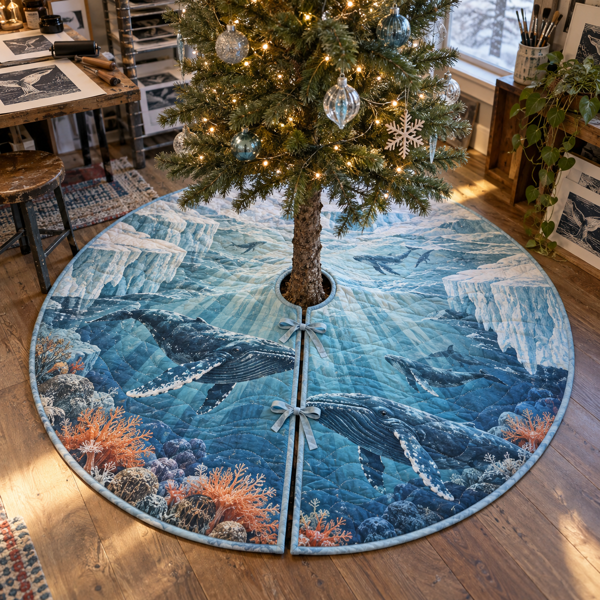 One tree skirt with original Whale Migration Polar Atelier optical-depth print.